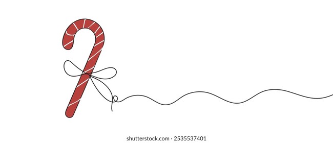 Continuous line art candy cane. Sweet treat of christmas candy, red lollipop in one line style. vector illustration