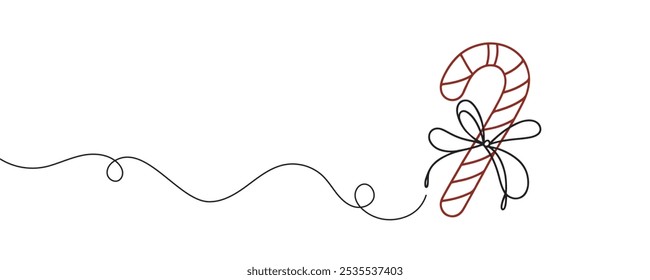 Continuous line art candy cane. Sweet treat of christmas candy, red lollipop in one line style. vector illustration