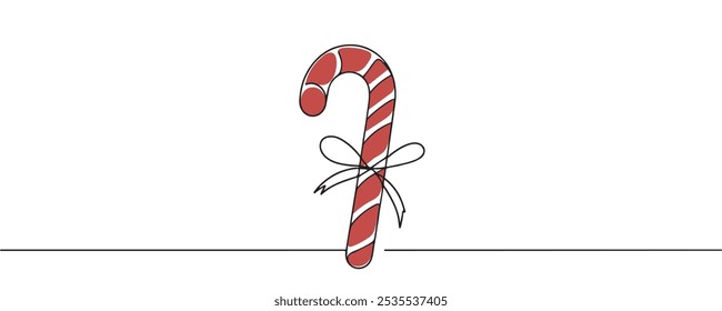 Continuous line art candy cane. Sweet treat of christmas candy, red lollipop in one line style. vector illustration