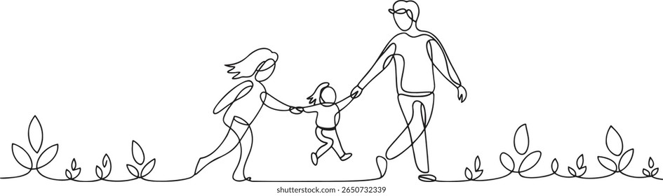 Continuous Line Art Captures Family Joy Father Mother and Child Interacting Positively Walking Together in a Whimsical Nature Scene