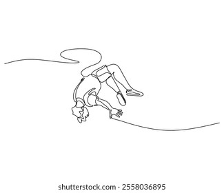 Continuous line art capturing a thrilling bungee jump, depicting a person mid-air with extended limbs, bungee cord trailing upward, conveying the excitement and dynamic motion of the jump