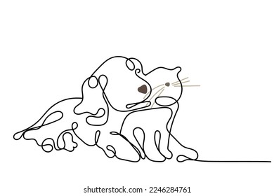 Continuous line art of a cat and dog. Concept of odd friendships. Poster design. Wallpaper ideas. 