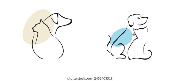 Continuous line art of a cat and dog. Concept of odd friendships. Poster design.