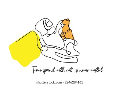 Continuous line art of cat with a human. Play time with pet. Keeping pet is good for mental health. 