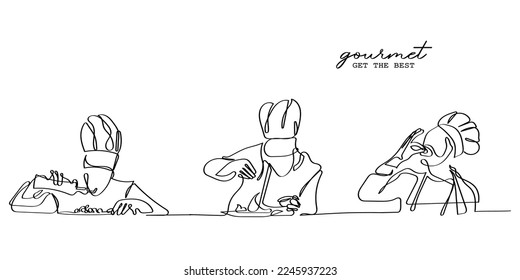 Continuous line art of a chef enjoying the process of cooking. Gourmet vector art