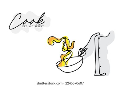 Continuous line art of a chef in hat. Vector art. Poster design ideas and elements. Culinary art. Chef tossing wok. 