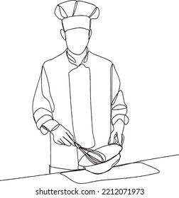 Continuous line art of a chef stirring batter in a mixing bowl on the table in the kitchen. Vector illustration. Line art illustration of a chef cooking.