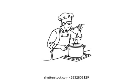 Continuous line art of a chef wearing a toque and apron, holding a spoon to taste soup from a pot on a stove.