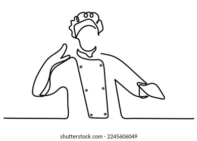 Continuous line art of a chef in white coat and chefs hat.