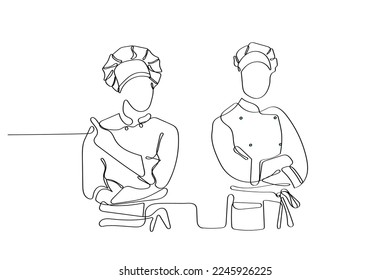 continuous line art of chefs . vector art concept.