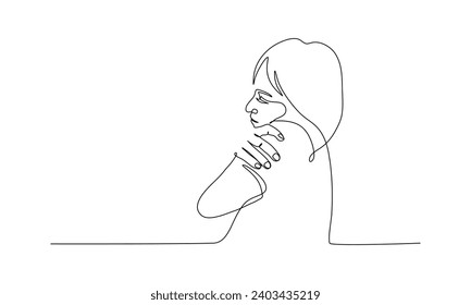 Continuous line art of a child girl smiling and hugging self in self-love concept.