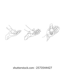Continuous line art of a child's hand resting on the palm of the mother's hand set. Vector illustration