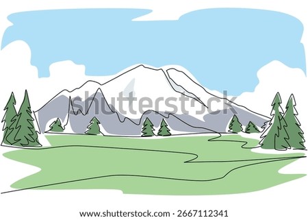 Continuous line art of Chimborazo mountain surrounded by open green plains and snow-covered ridges, made for Chimborazo Day in a scenic nature concept design.