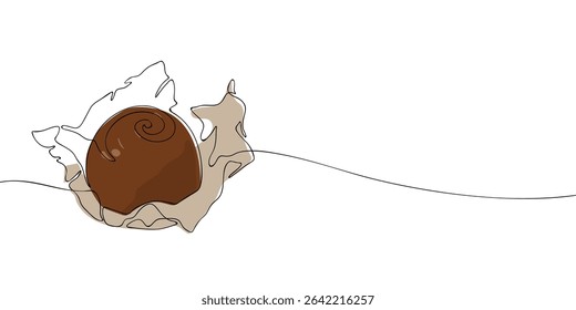 Arte de linha contínua de uma trufa de chocolate em embalagem, ideal para marca de confeitaria, embalagem ou conceitos de sobremesa doce.
