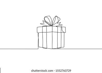 Continuous Line Art Closed Gift Knotted Bow. Gift Square Box With Ribbon. It Can Be Used For Animation. Vector