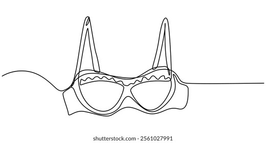 continuous line art of clothes hanger hand and bra, Bathing Suit Bikini Single Line Drawing with Editable Stroke, Continuous one simple single line drawing of push up bra icon in silhouette on a white