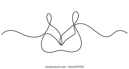 continuous line art of clothes hanger hand and bra, Bathing Suit Bikini Single Line Drawing with Editable Stroke, Continuous one simple single line drawing of push up bra icon in silhouette on a white