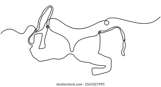 continuous line art of clothes hanger hand and bra, Bathing Suit Bikini Single Line Drawing with Editable Stroke, Continuous one simple single line drawing of push up bra icon in silhouette on a white