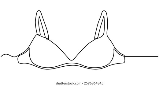 continuous line art of clothes hanger hand and bra, Bathing Suit Bikini Single Line Drawing with Editable Stroke, Continuous one simple single line drawing of push up bra icon in silhouette on pro. 

