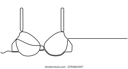 continuous line art of clothes hanger hand and bra, Bathing Suit Bikini Single Line Drawing with Editable Stroke, Continuous one simple single line drawing of push up bra icon in silhouette on pro. 

