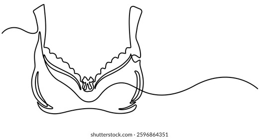 continuous line art of clothes hanger hand and bra, Bathing Suit Bikini Single Line Drawing with Editable Stroke, Continuous one simple single line drawing of push up bra icon in silhouette on pro. 
