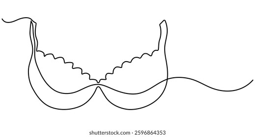 continuous line art of clothes hanger hand and bra, Bathing Suit Bikini Single Line Drawing with Editable Stroke, Continuous one simple single line drawing of push up bra icon in silhouette on pro. 
