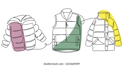 Continuous line art collection of fluffy jackets called puffers or quilted jackets. Winter wears. Fall fashion. Vector art of clothes wore in winters. Comfortable uppers. 