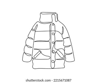 Continuous line art collection of fluffy jackets called puffers or quilted jackets. Winter wears. Fall fashion. Vector art of clothes wore in winters. Comfortable uppers. Bomber jackets. Comfortable