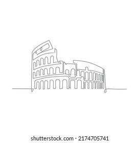 Continuous line art of Colosseum amphitheater landmark.  Historical iconic building in Rome. Single line drawing with active stroke. 