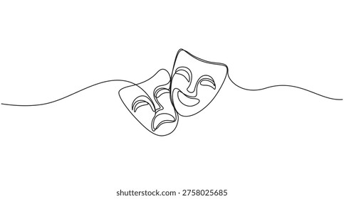Continuous Line Art of Comedy and Tragedy Theater Masks,Theater mask one line drawing, opera event symbols continuous hand drawn, theater humor smile mask one line continuous line art,