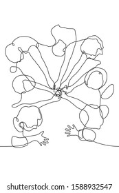 continuous line art company of people sits on the floor with their hands folded together in the center. The concept of friendship, association, collectivism, the strength of society, support, relation