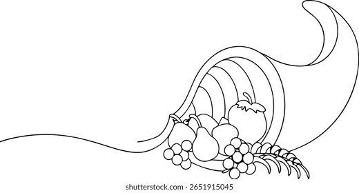 Arte de línea continua a cornucopia desbordante con cosecha de cuernos de fruta