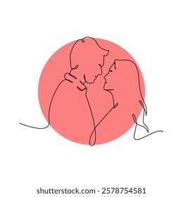 Continuous line art of a couple gazing at each other, encircled by a vibrant coral backdrop. Minimalist and romantic.