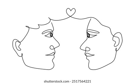 Continuous line art of couples in love face to face and smiling.