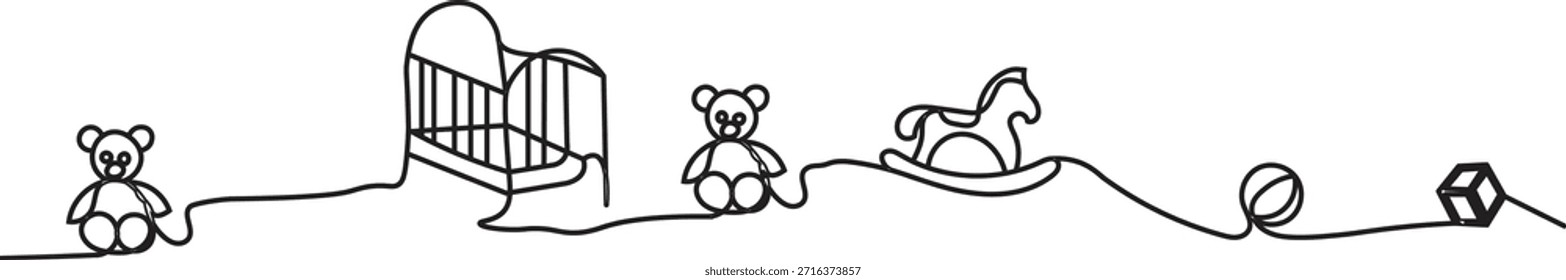 Arte de línea continua creando una cuna de bebé y juguetes de piso.	
