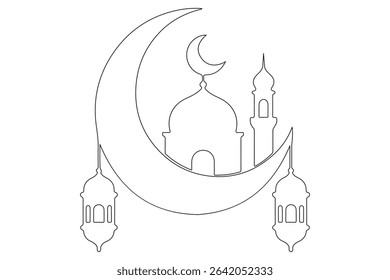 Continuous line art of crescent moon and mosque doodle style islamic greeting vector illustration

