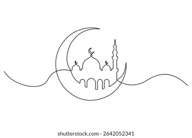 Continuous line art of crescent moon and mosque doodle style islamic greeting vector illustration
