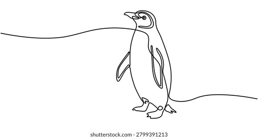 Continuous line art of cute penguin standing on white background