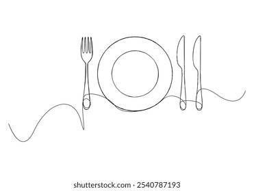 Linha contínua arte de talheres e placa - Jantar minimalista e ilustração de louça