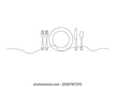 Linha contínua arte de talheres e placa - Jantar minimalista e ilustração de louça