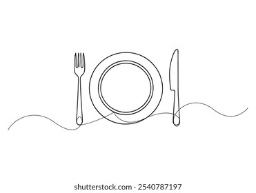 Linha contínua arte de talheres e placa - Jantar minimalista e ilustração de louça