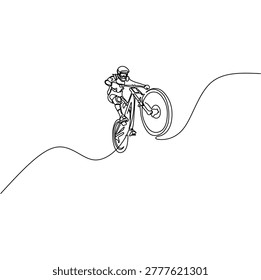 Continuous line art of a cyclist performing a jump or trick on a mountain bike in the outdoors.
