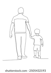  Continuous line art of Dad and son walk together holding hands.