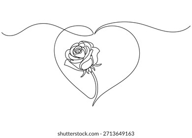 Continuous line art of a delicate rose blooming gracefully within a loving heart shape illustration