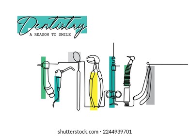 Continuous line art of dental tools. Vector art. Poster design elements. 