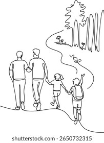 Continuous Line Art Depicting a Family's Outdoor Excursion in Nature with Parents and Children Walking Along a Path