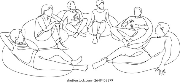 Continuous Line Art Depicting a Group of People Relaxing Together in Beanbag Chairs in a Minimalist Style