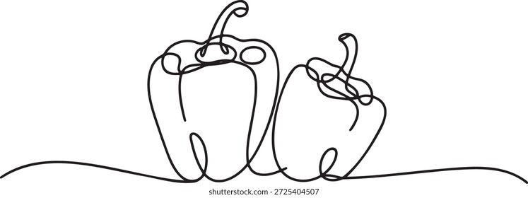 Arte em linha contínua representando dois pimentões desenhados com um único golpe ininterrupto. Simples gráfico vegetal perfeito para a saúde alimentar ou projetos relacionados à culinária.