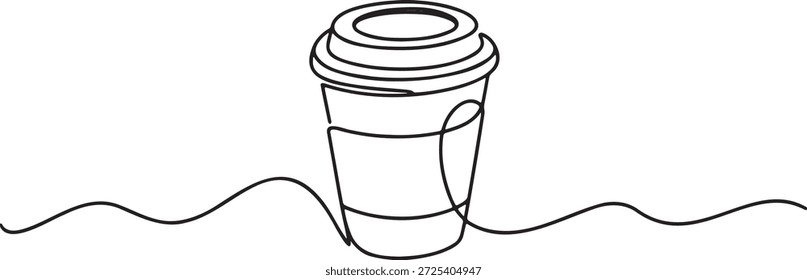 Línea continua de taza de café desechable con tapa y manga. Ilustración vectorial minimalista del envase de papel de la bebida caliente para el café o para llevar la marca. Estilo de dibujo de línea única para diseño moderno y concepto de coffee break sobre fondo transparente.
