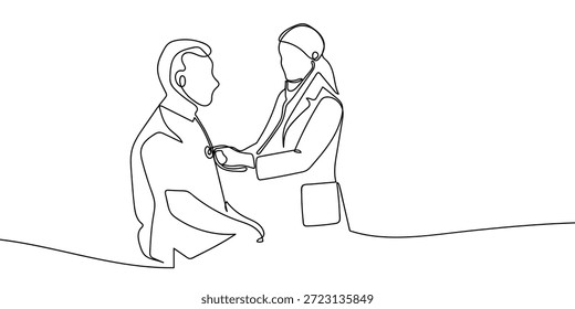 Continuous line art: A doctor is checking a heartbeat. line drawing style Vector on transparent background